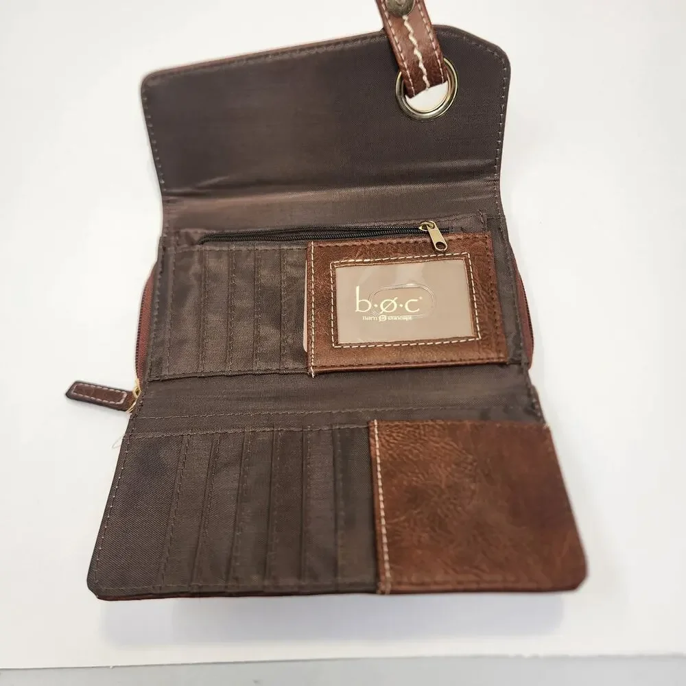 BOC Born Concepts Brown Faux Leather Large Wallet Multiple Compartments Boho